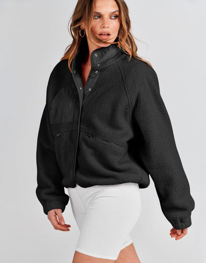 ANRABESS Womens Fleece Jacket Button Down Shacket Casual Sherpa Cropped Coats Warm Outwear with Pockets