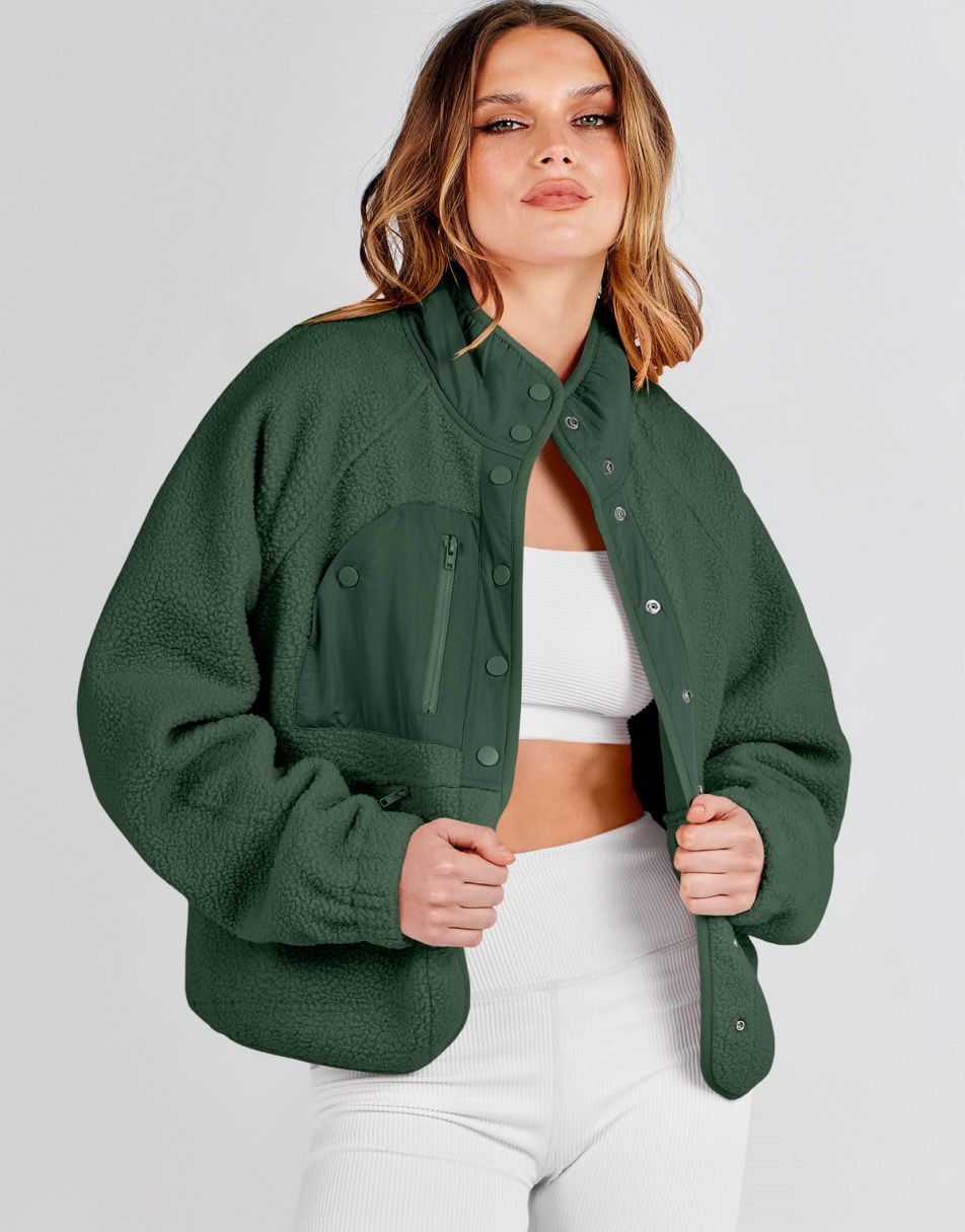 ANRABESS Womens Fleece Jacket Button Down Shacket Casual Sherpa Cropped Coats Warm Outwear with Pockets