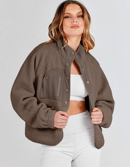 ANRABESS Womens Fleece Jacket Button Down Shacket Casual Sherpa Cropped Coats Warm Outwear with Pockets