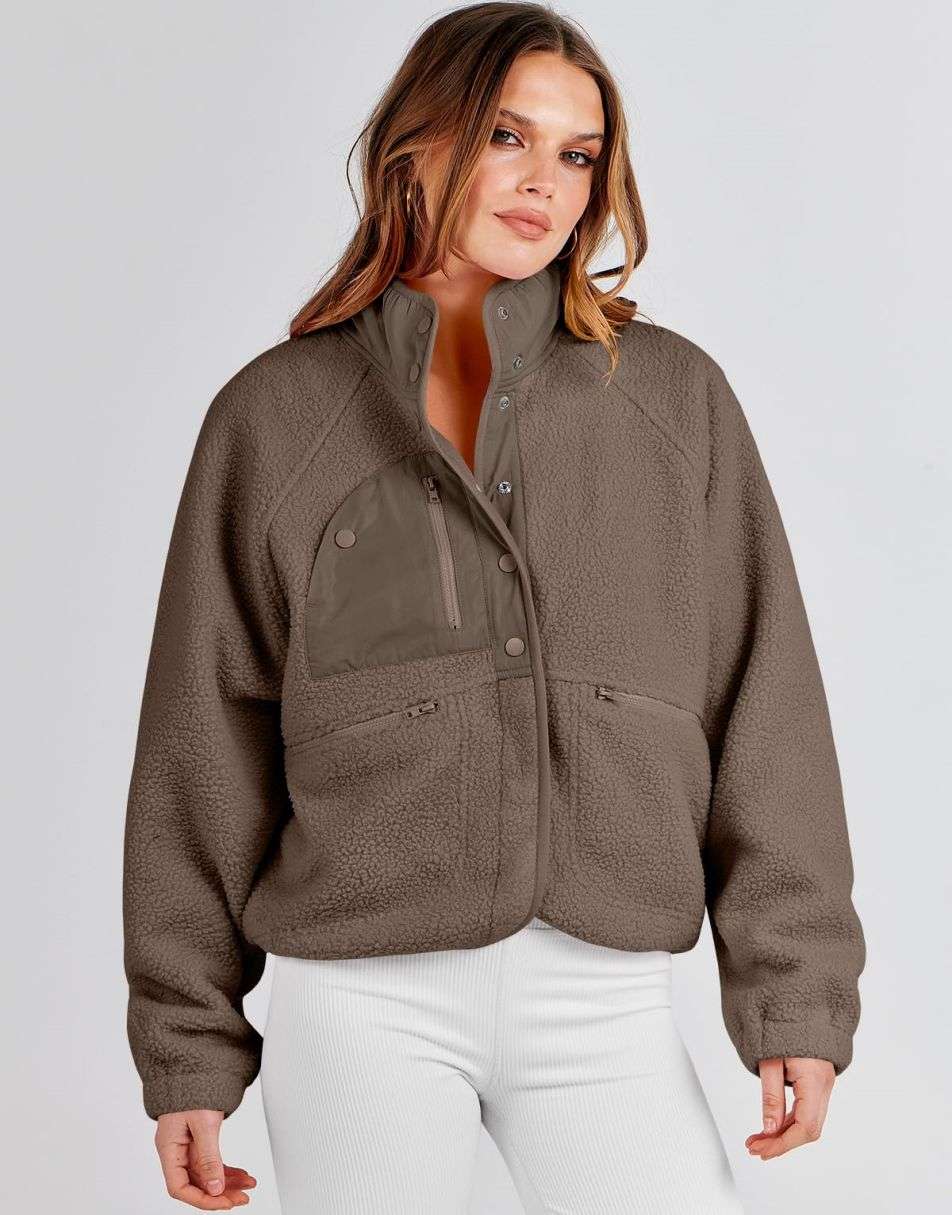 ANRABESS Womens Fleece Jacket Button Down Shacket Casual Sherpa Cropped Coats Warm Outwear with Pockets