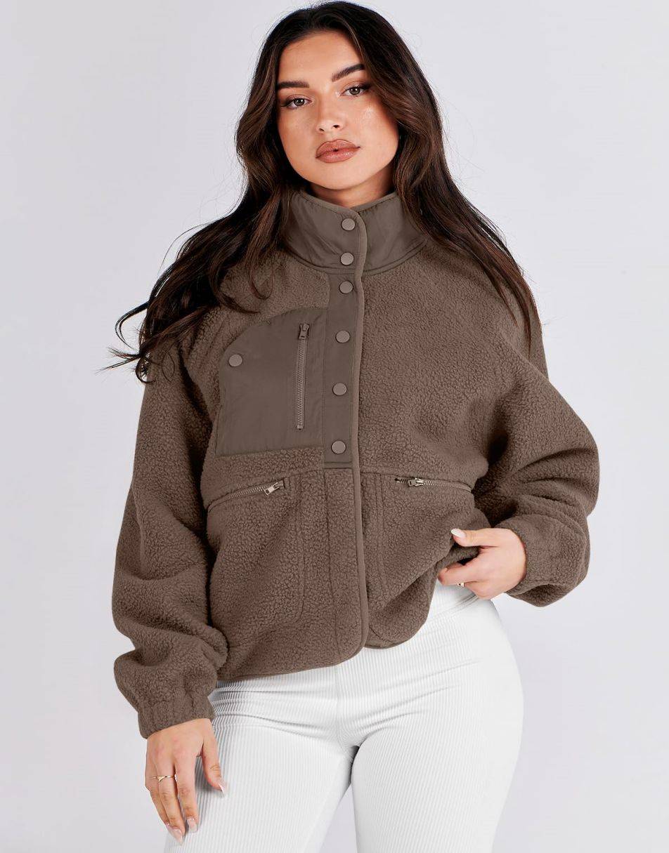 ANRABESS Womens Fleece Jacket Button Down Shacket Casual Sherpa Cropped Coats Warm Outwear with Pockets