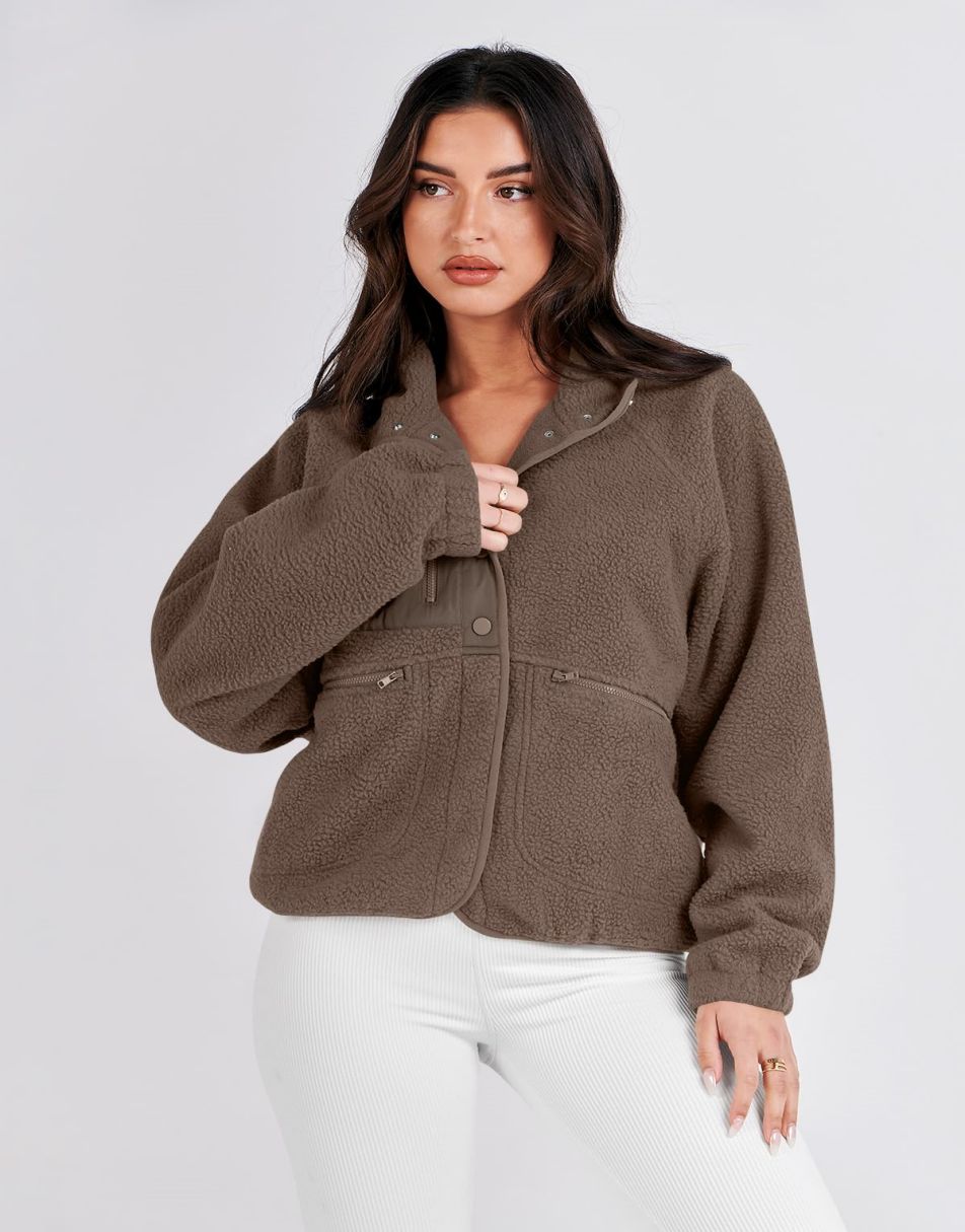 ANRABESS Womens Fleece Jacket Button Down Shacket Casual Sherpa Cropped Coats Warm Outwear with Pockets