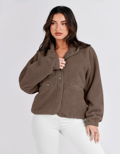 ANRABESS Womens Fleece Jacket Button Down Shacket Casual Sherpa Cropped Coats Warm Outwear with Pockets