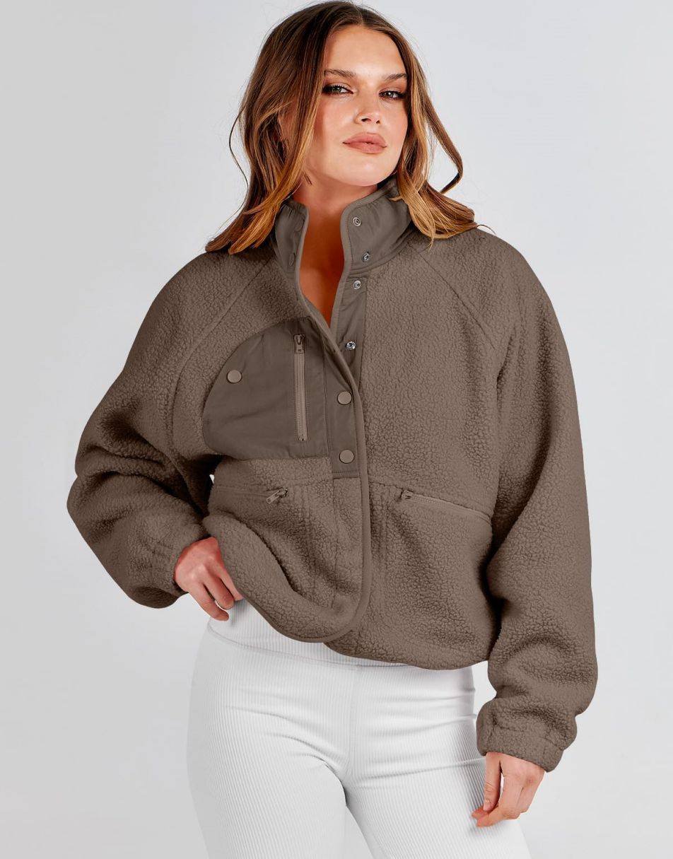 ANRABESS Womens Fleece Jacket Button Down Shacket Casual Sherpa Cropped Coats Warm Outwear with Pockets