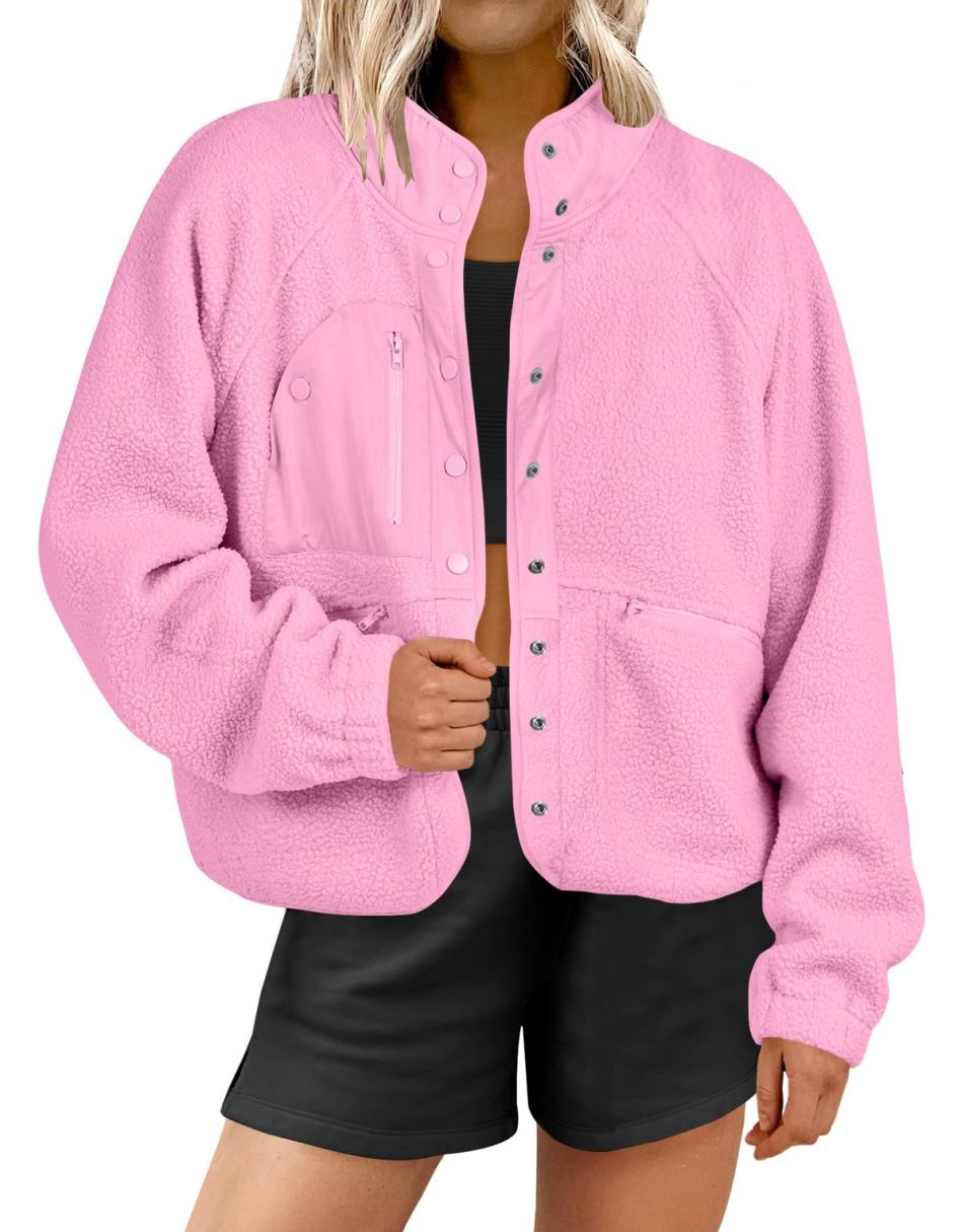 ANRABESS Womens Fleece Jacket Button Down Shacket Casual Sherpa Cropped Coats Warm Outwear with Pockets