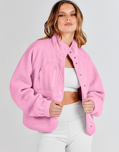 ANRABESS Womens Fleece Jacket Button Down Shacket Casual Sherpa Cropped Coats Warm Outwear with Pockets