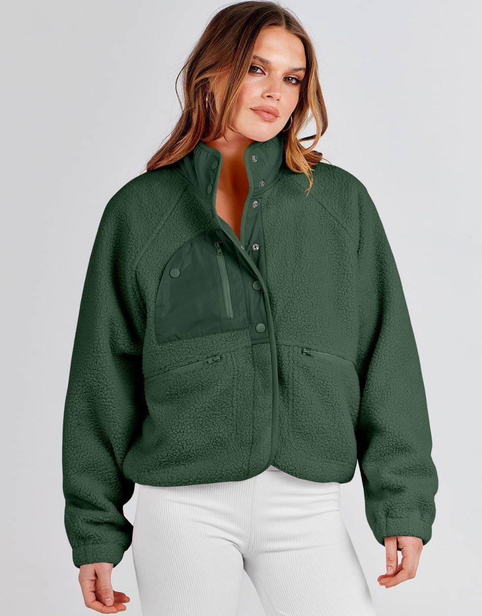 ANRABESS Womens Fleece Jacket Button Down Shacket Casual Sherpa Cropped Coats Warm Outwear with Pockets