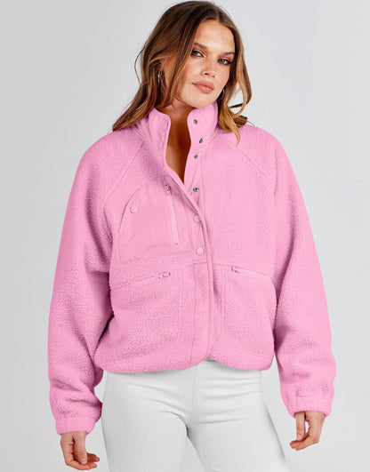 ANRABESS Womens Fleece Jacket Button Down Shacket Casual Sherpa Cropped Coats Warm Outwear with Pockets