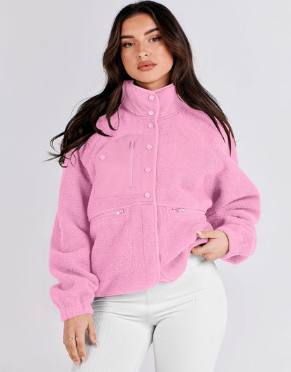 ANRABESS Womens Fleece Jacket Button Down Shacket Casual Sherpa Cropped Coats Warm Outwear with Pockets