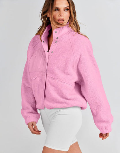 ANRABESS Womens Fleece Jacket Button Down Shacket Casual Sherpa Cropped Coats Warm Outwear with Pockets
