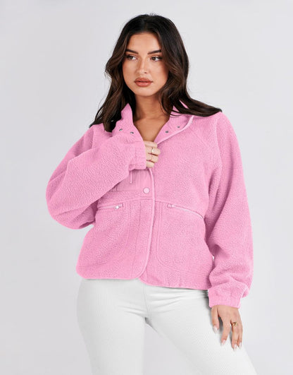 ANRABESS Womens Fleece Jacket Button Down Shacket Casual Sherpa Cropped Coats Warm Outwear with Pockets