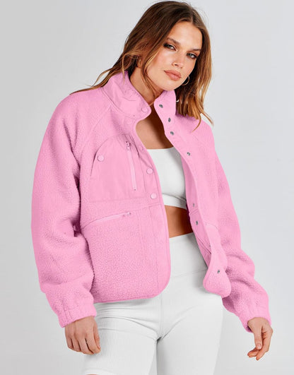 ANRABESS Womens Fleece Jacket Button Down Shacket Casual Sherpa Cropped Coats Warm Outwear with Pockets