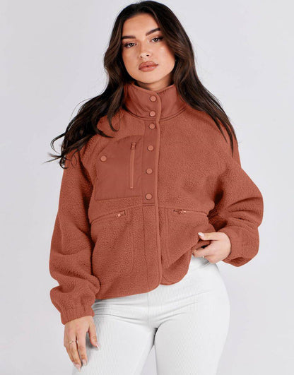 ANRABESS Womens Fleece Jacket Button Down Shacket Casual Sherpa Cropped Coats Warm Outwear with Pockets