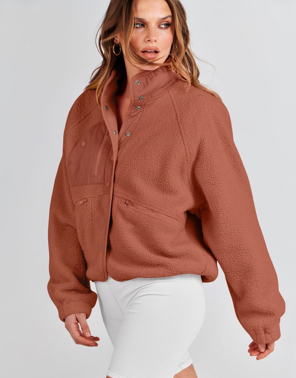 ANRABESS Womens Fleece Jacket Button Down Shacket Casual Sherpa Cropped Coats Warm Outwear with Pockets