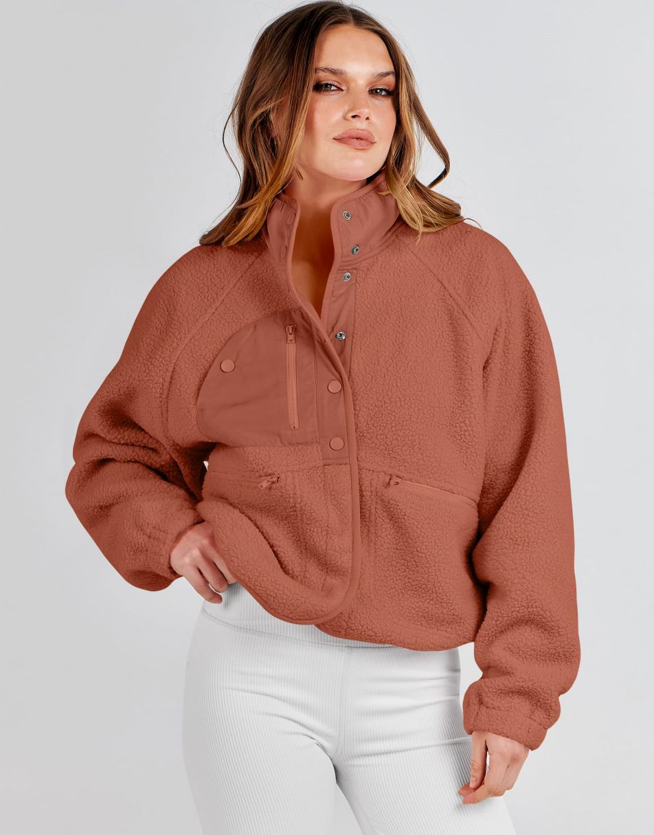 ANRABESS Womens Fleece Jacket Button Down Shacket Casual Sherpa Cropped Coats Warm Outwear with Pockets