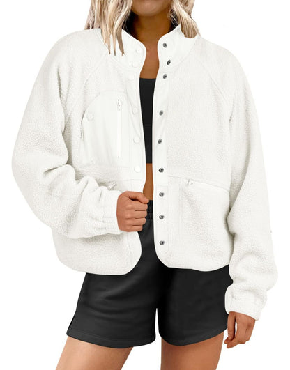 ANRABESS Womens Fleece Jacket Button Down Shacket Casual Sherpa Cropped Coats Warm Outwear with Pockets
