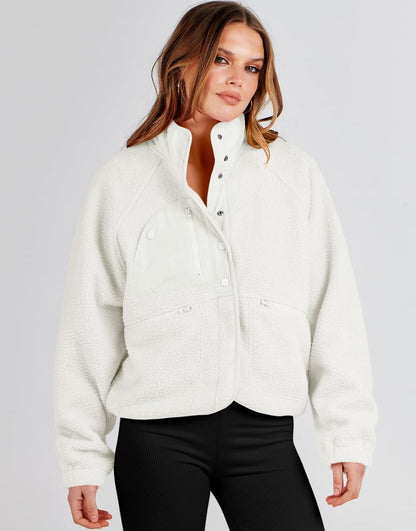ANRABESS Womens Fleece Jacket Button Down Shacket Casual Sherpa Cropped Coats Warm Outwear with Pockets