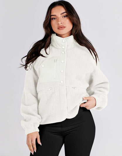 ANRABESS Womens Fleece Jacket Button Down Shacket Casual Sherpa Cropped Coats Warm Outwear with Pockets