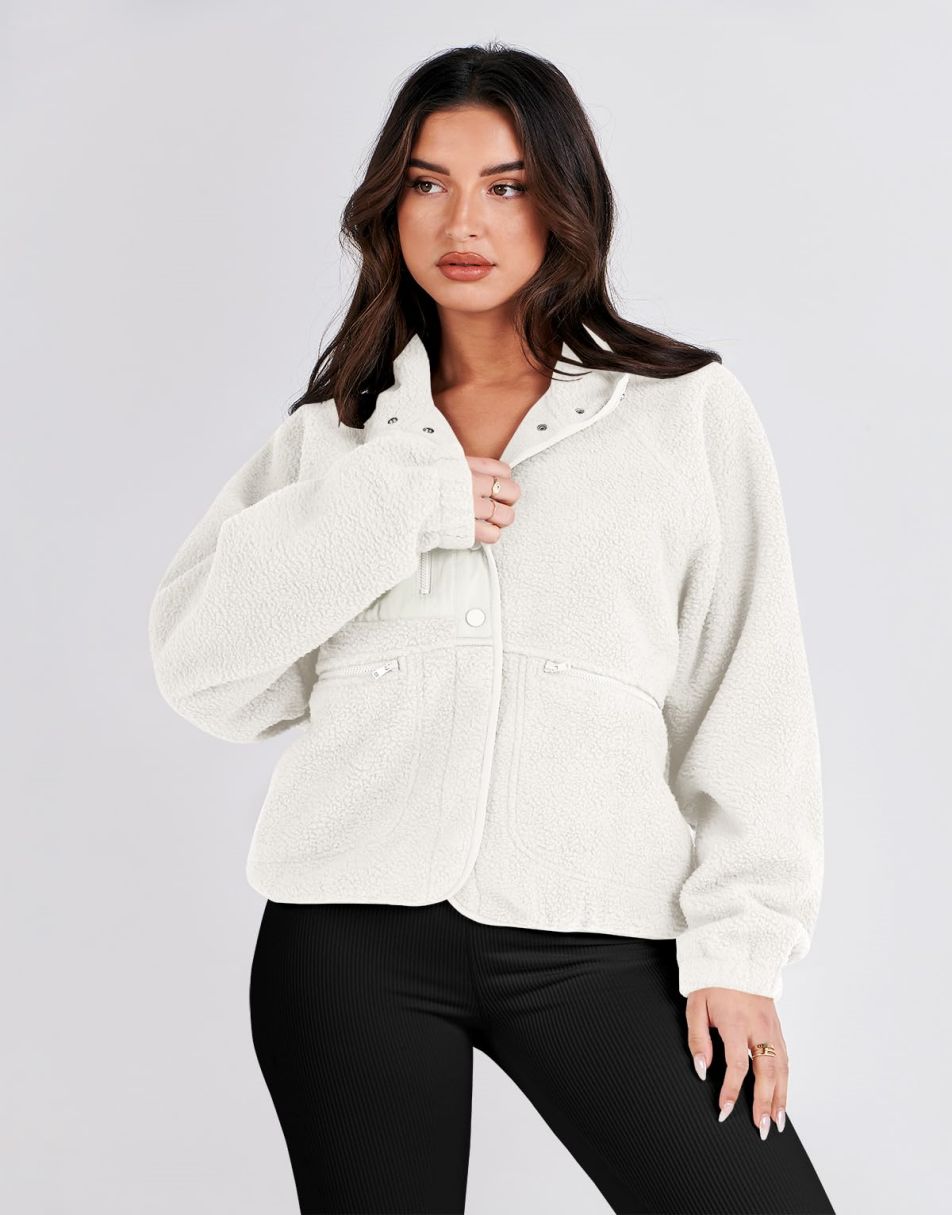 ANRABESS Womens Fleece Jacket Button Down Shacket Casual Sherpa Cropped Coats Warm Outwear with Pockets