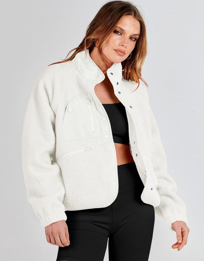 ANRABESS Womens Fleece Jacket Button Down Shacket Casual Sherpa Cropped Coats Warm Outwear with Pockets