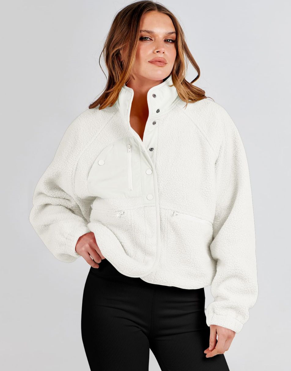 ANRABESS Womens Fleece Jacket Button Down Shacket Casual Sherpa Cropped Coats Warm Outwear with Pockets
