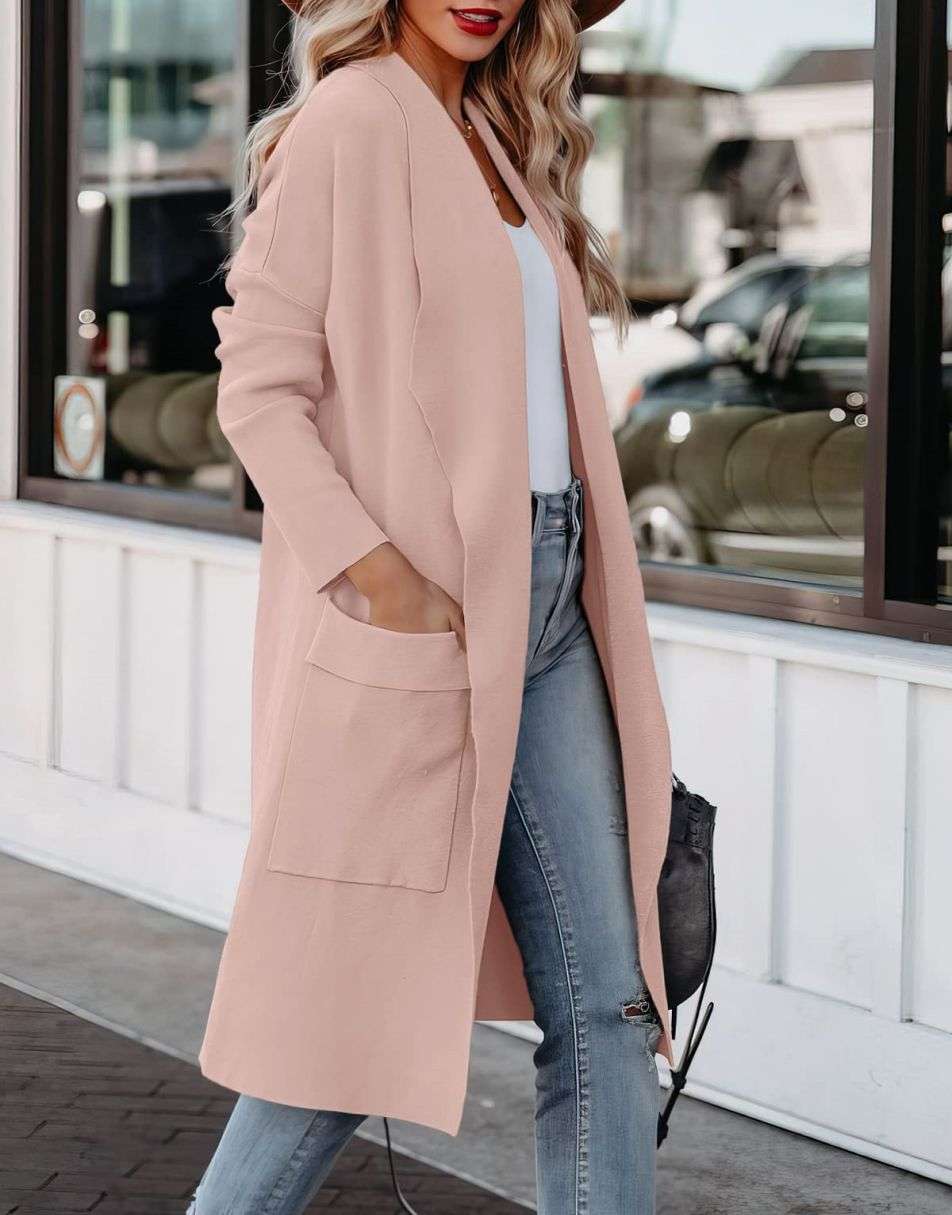ANRABESS Women's Casual Long Sleeve Draped Open Front Knit Pockets Long Cardigan Jackets Sweater