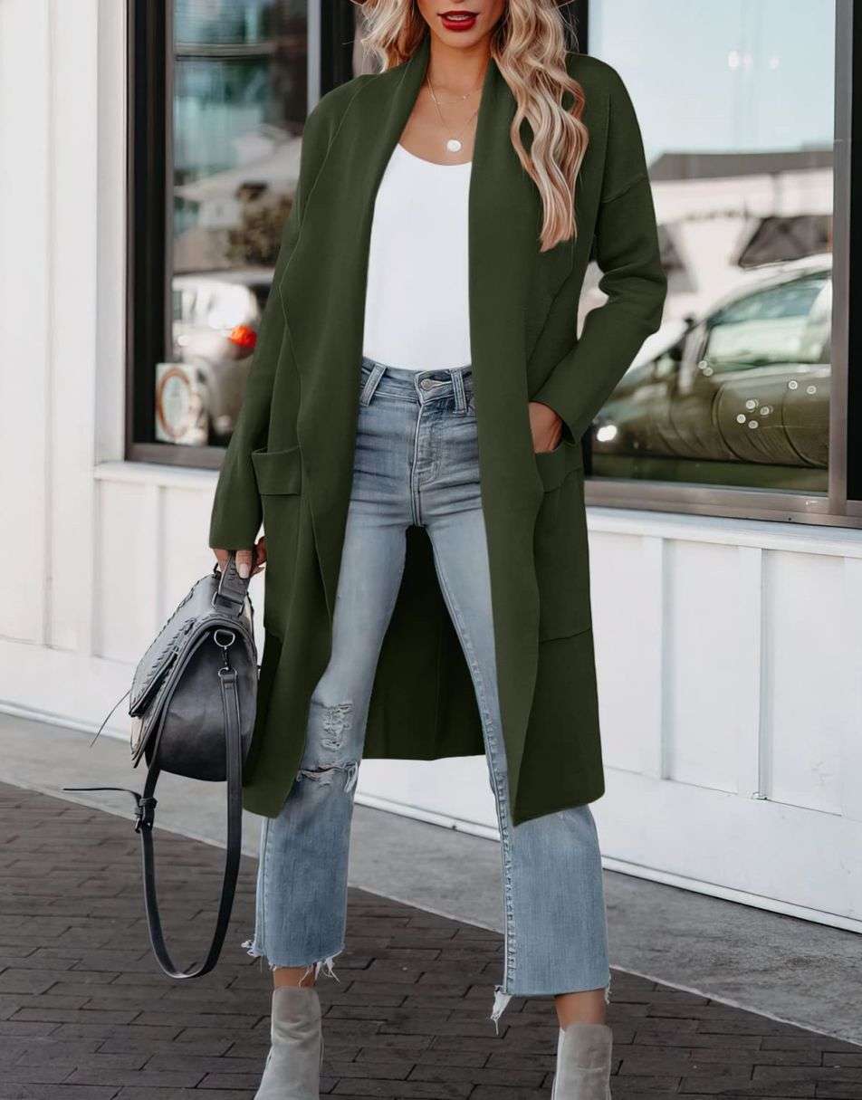 ANRABESS Women's Casual Long Sleeve Draped Open Front Knit Pockets Long Cardigan Jackets Sweater