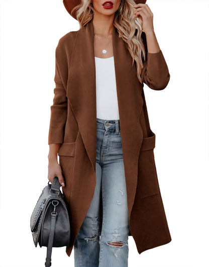 ANRABESS Women's Casual Long Sleeve Draped Open Front Knit Pockets Long Cardigan Jackets Sweater