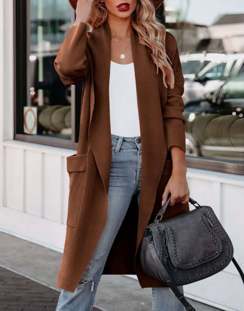 ANRABESS Women's Casual Long Sleeve Draped Open Front Knit Pockets Long Cardigan Jackets Sweater