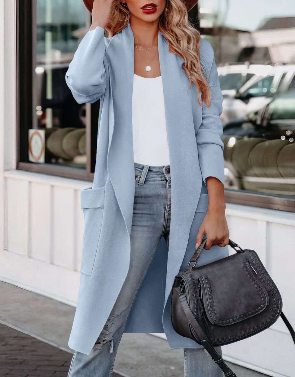 ANRABESS Women's Casual Long Sleeve Draped Open Front Knit Pockets Long Cardigan Jackets Sweater