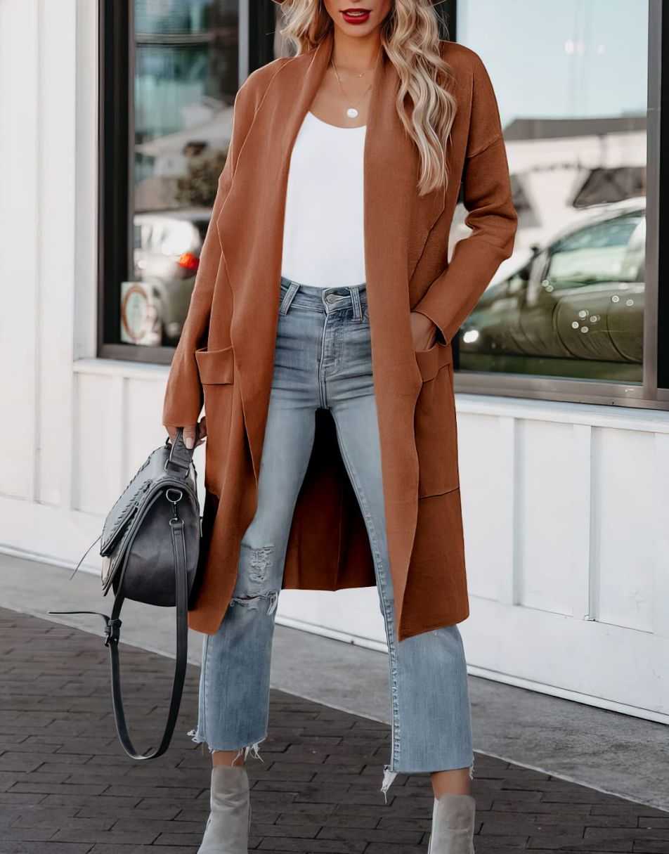 ANRABESS Women's Casual Long Sleeve Draped Open Front Knit Pockets Long Cardigan Jackets Sweater