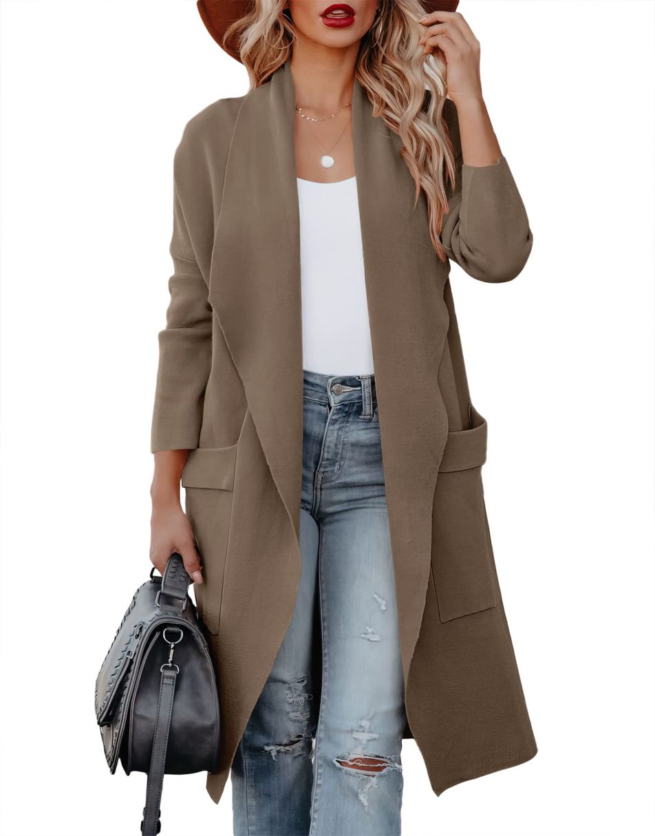 ANRABESS Women's Casual Long Sleeve Draped Open Front Knit Pockets Long Cardigan Jackets Sweater