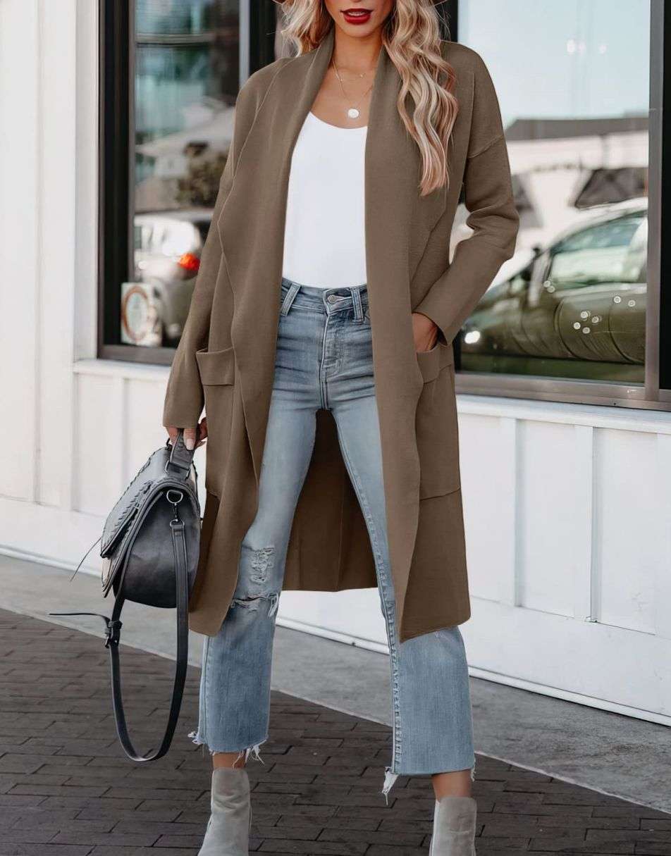 ANRABESS Women's Casual Long Sleeve Draped Open Front Knit Pockets Long Cardigan Jackets Sweater