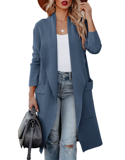ANRABESS Women's Casual Long Sleeve Draped Open Front Knit Pockets Long Cardigan Jackets Sweater