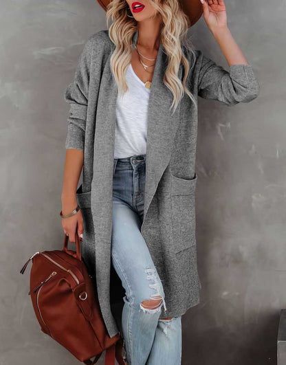 ANRABESS Women's Casual Long Sleeve Draped Open Front Knit Pockets Long Cardigan Jackets Sweater