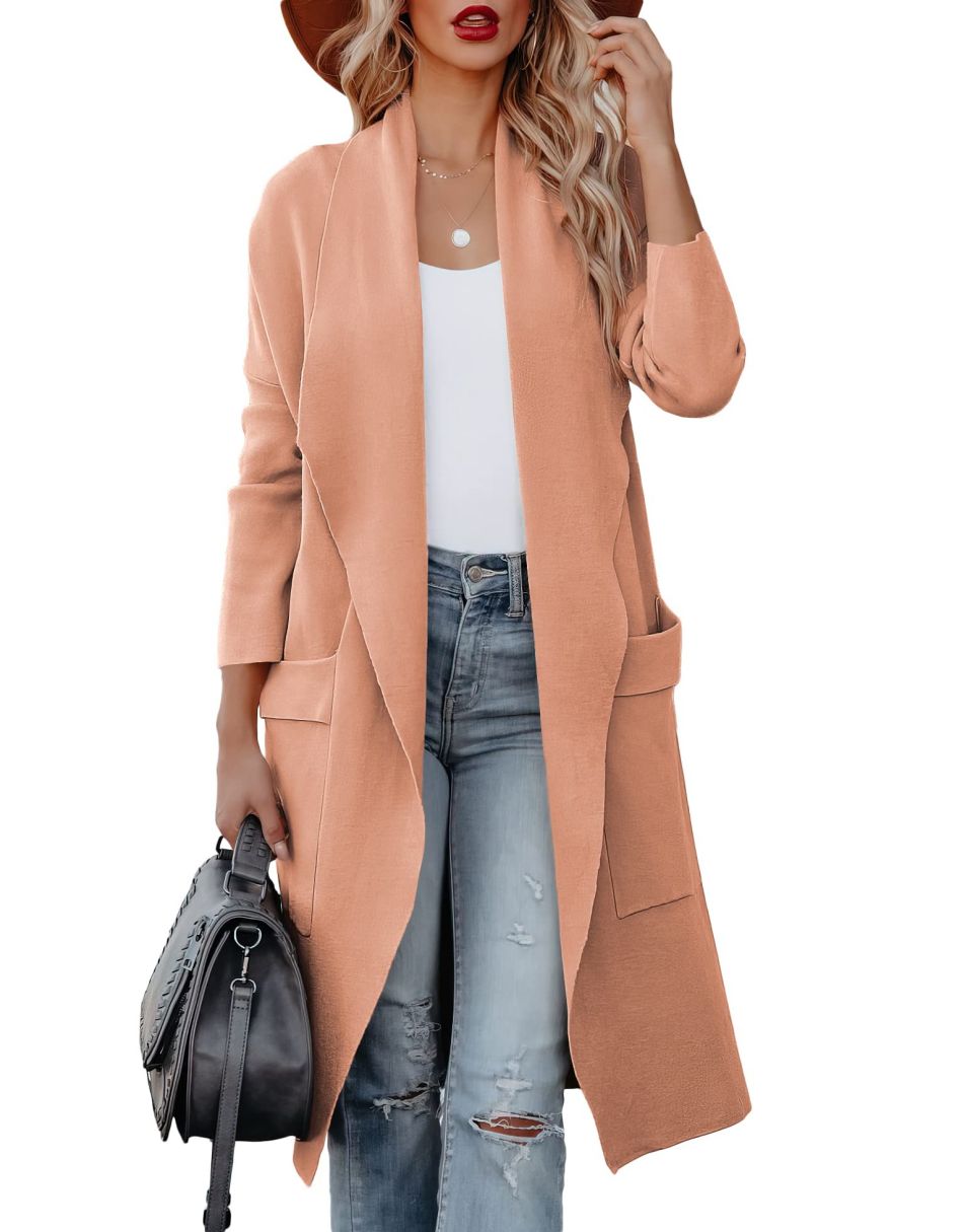 ANRABESS Women's Casual Long Sleeve Draped Open Front Knit Pockets Long Cardigan Jackets Sweater