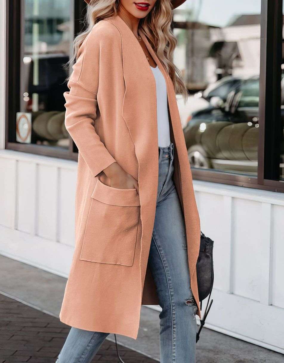 ANRABESS Women's Casual Long Sleeve Draped Open Front Knit Pockets Long Cardigan Jackets Sweater