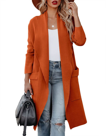 ANRABESS Women's Casual Long Sleeve Draped Open Front Knit Pockets Long Cardigan Jackets Sweater