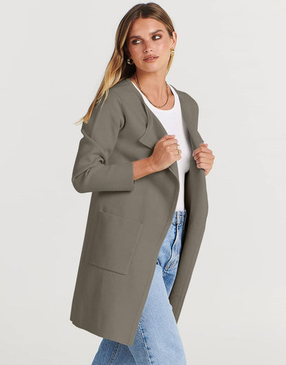 ANRABESS Women's Open Front Knit Cardigan Long Sleeve Lapel Casual Solid Classy Sweater Jacket