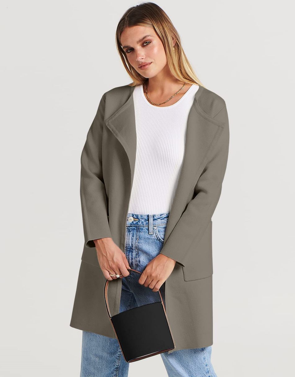 ANRABESS Women's Open Front Knit Cardigan Long Sleeve Lapel Casual Solid Classy Sweater Jacket