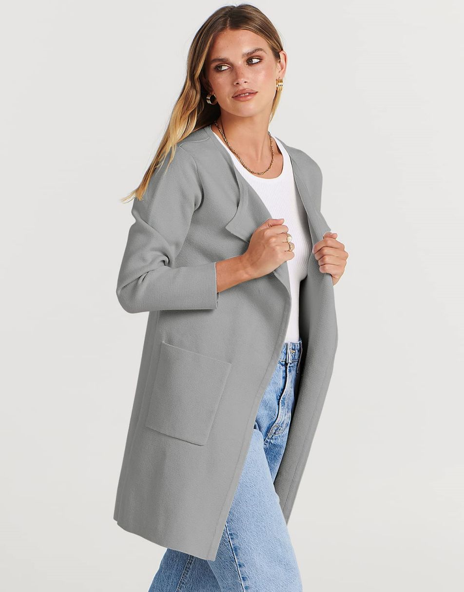 ANRABESS Women's Open Front Knit Cardigan Long Sleeve Lapel Casual Solid Classy Sweater Jacket