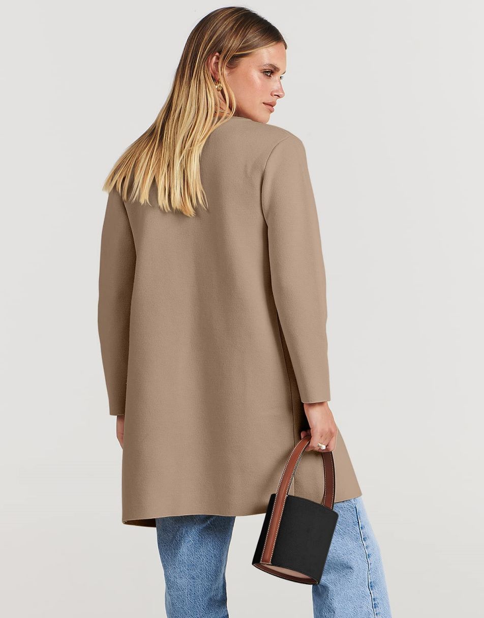 ANRABESS Women's Open Front Knit Cardigan Long Sleeve Lapel Casual Solid Classy Sweater Jacket