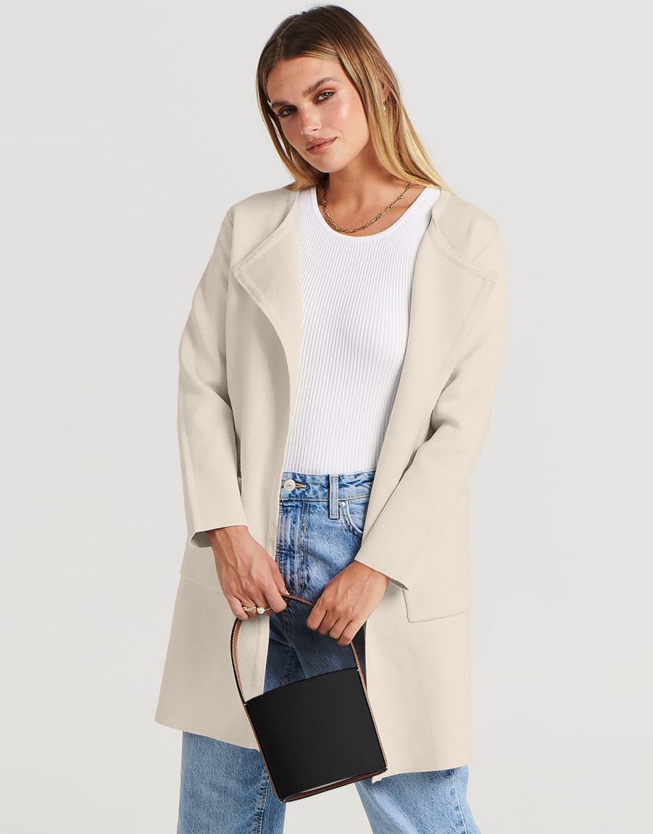 ANRABESS Women's Open Front Knit Cardigan Long Sleeve Lapel Casual Solid Classy Sweater Jacket
