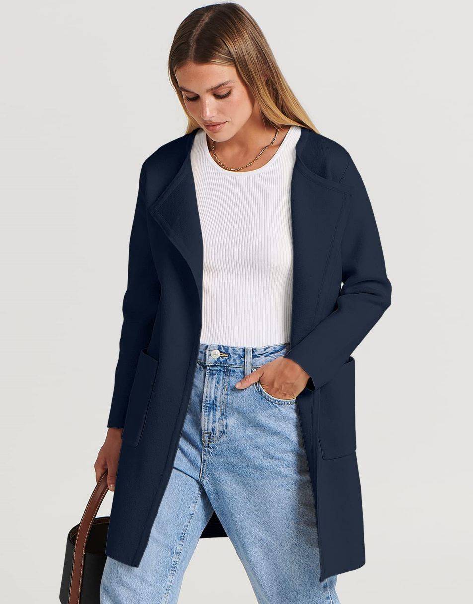ANRABESS Women's Open Front Knit Cardigan Long Sleeve Lapel Casual Solid Classy Sweater Jacket