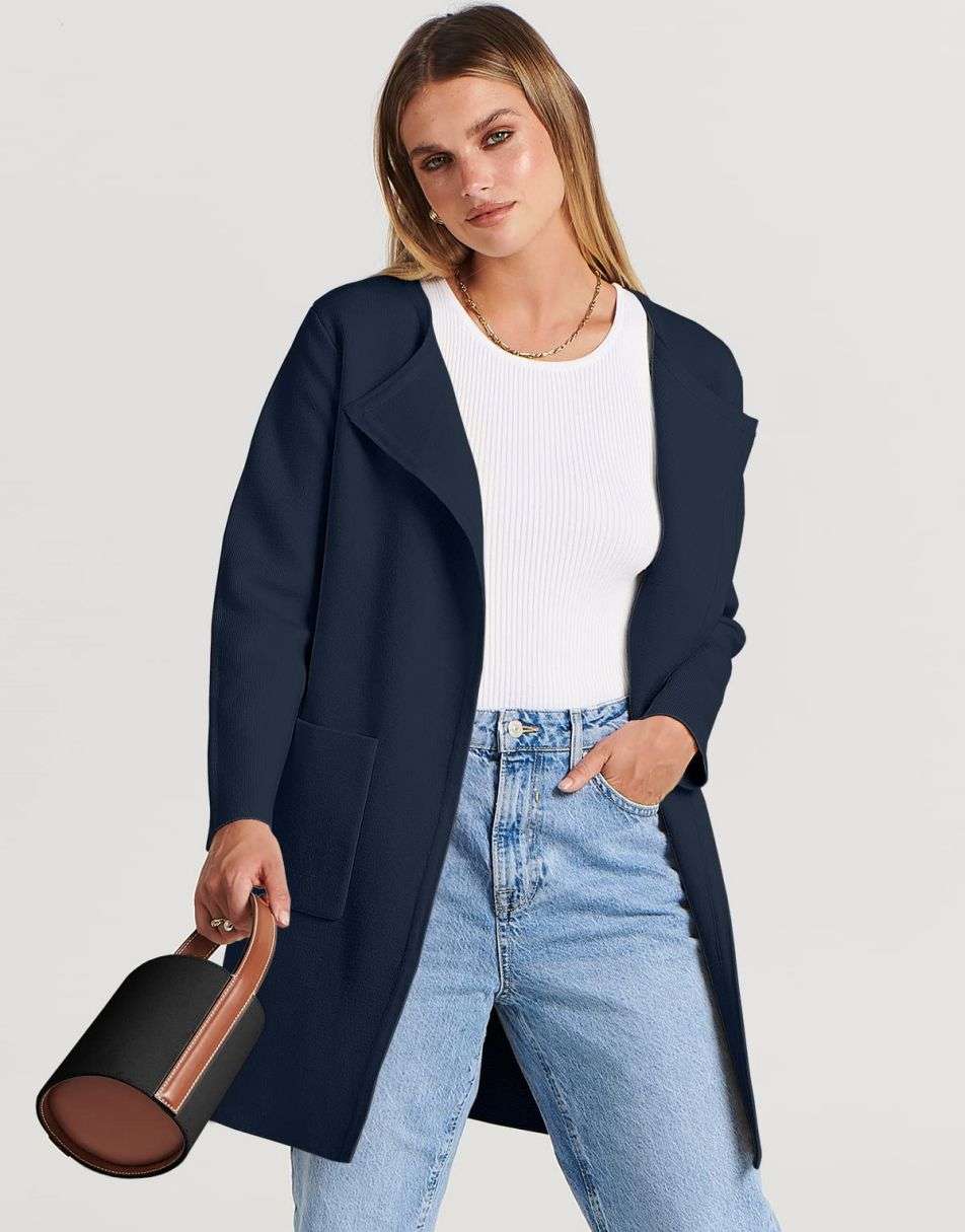 ANRABESS Women's Open Front Knit Cardigan Long Sleeve Lapel Casual Solid Classy Sweater Jacket