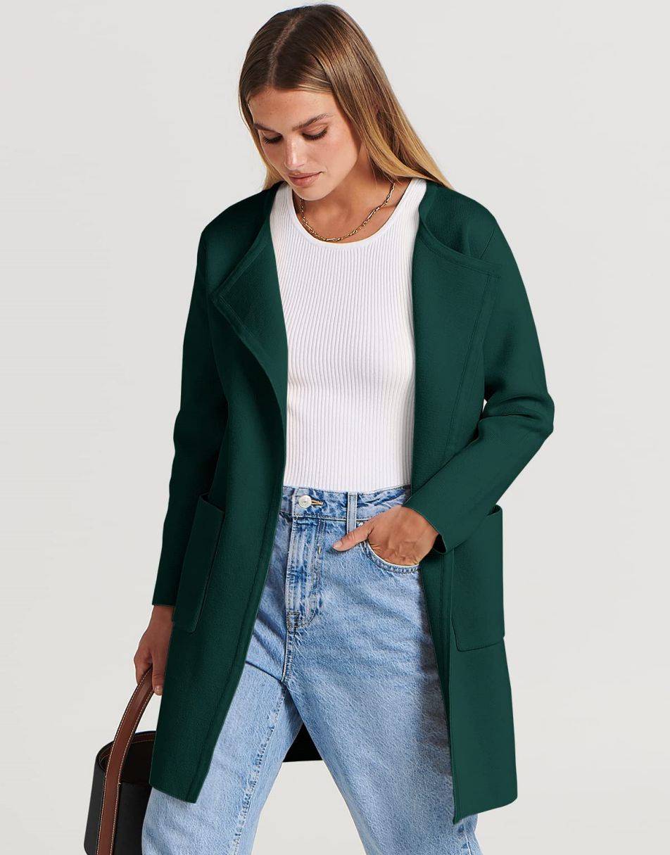 ANRABESS Women's Open Front Knit Cardigan Long Sleeve Lapel Casual Solid Classy Sweater Jacket