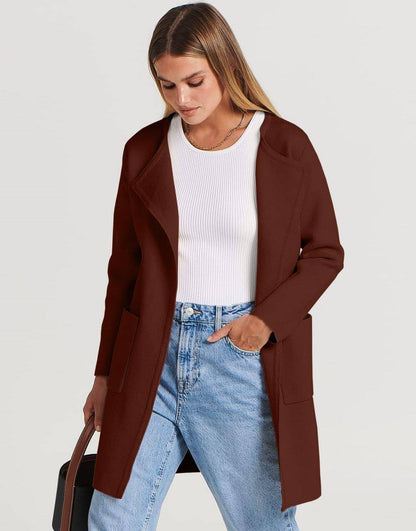 ANRABESS Women's Open Front Knit Cardigan Long Sleeve Lapel Casual Solid Classy Sweater Jacket