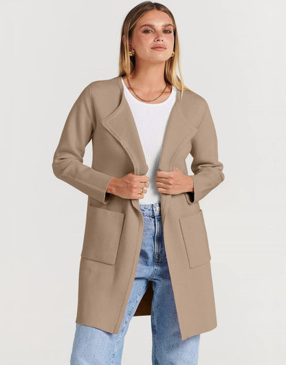 ANRABESS Women's Open Front Knit Cardigan Long Sleeve Lapel Casual Solid Classy Sweater Jacket