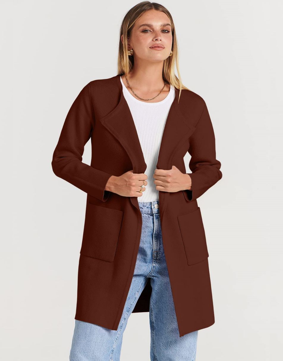 ANRABESS Women's Open Front Knit Cardigan Long Sleeve Lapel Casual Solid Classy Sweater Jacket
