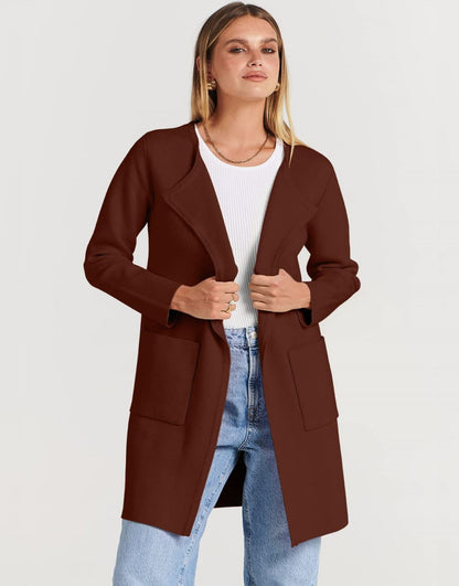 ANRABESS Women's Open Front Knit Cardigan Long Sleeve Lapel Casual Solid Classy Sweater Jacket